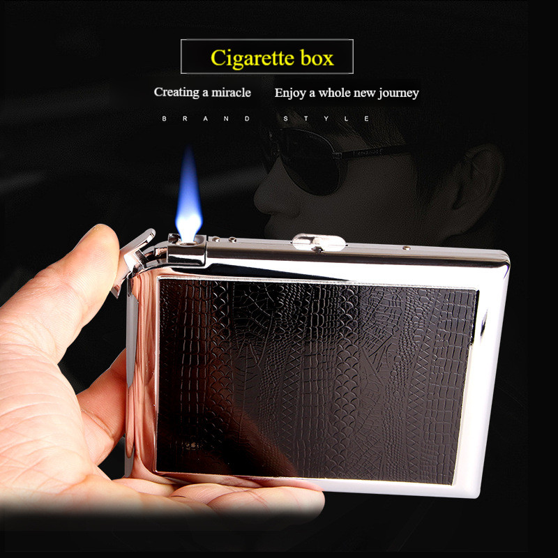 (20 cigarettes) Black Leather Metal Cigarette Case Box With Inflatable Butane Gas Lighter Standard T