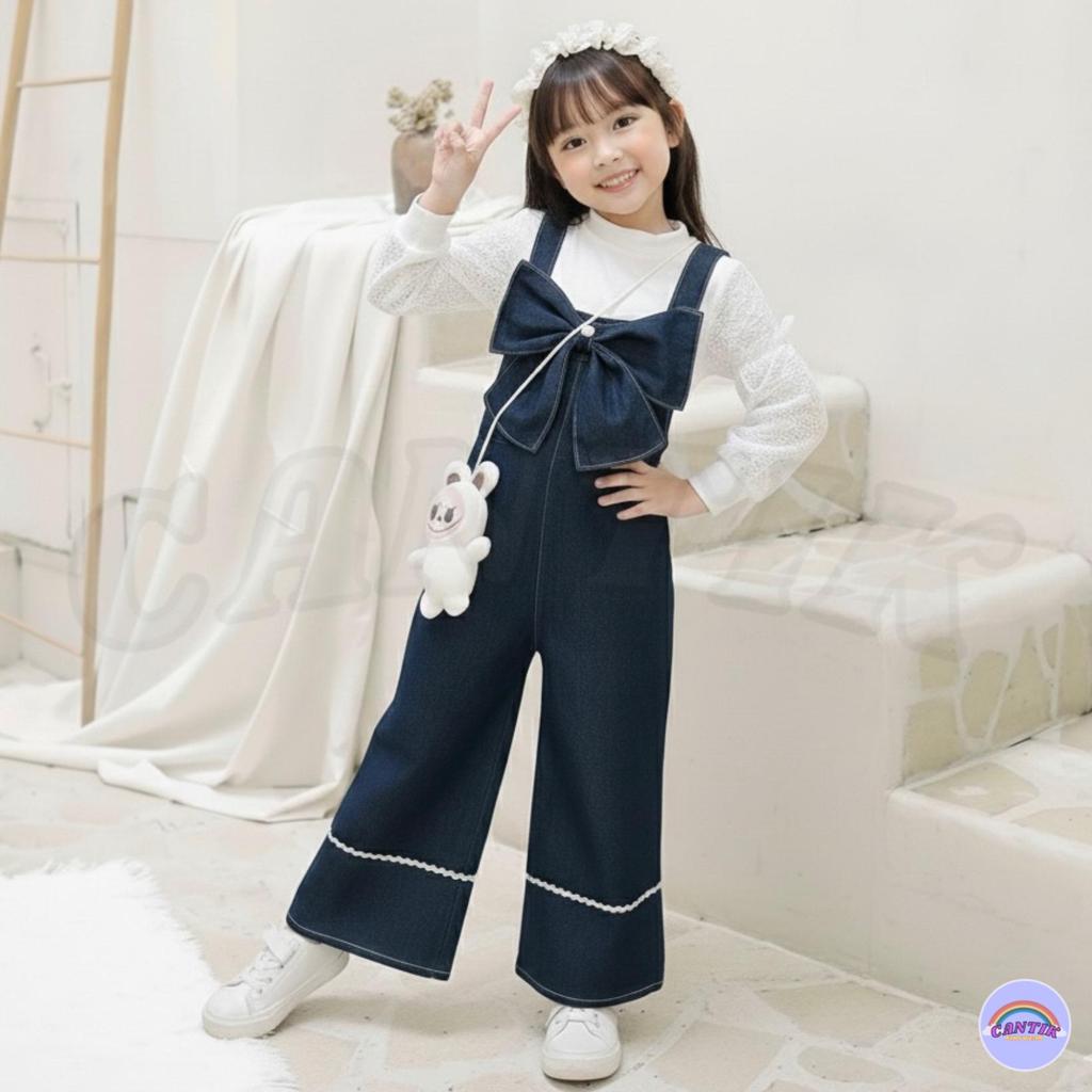 Jumpsuit Overall Baju Kodok Anak Perempuan Jeans Import Usia 2 - 10 Tahun Pita Lengan Celana Panjang