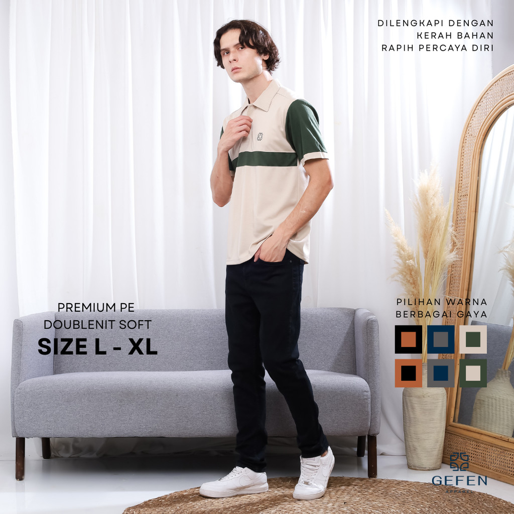 GEFEN - Kerah Polo Kombinasi Stripe Pria Kaos Bapak Bapak Berkerah