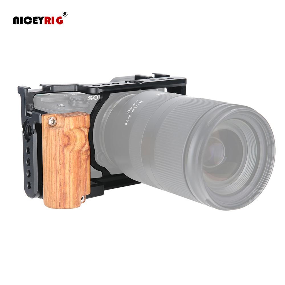 Niceyrig A6400 A6500 A6100 Wooden Handle Hand Grip Camera Cage Cold Shoe With 1/4" Screw For Sony Ca