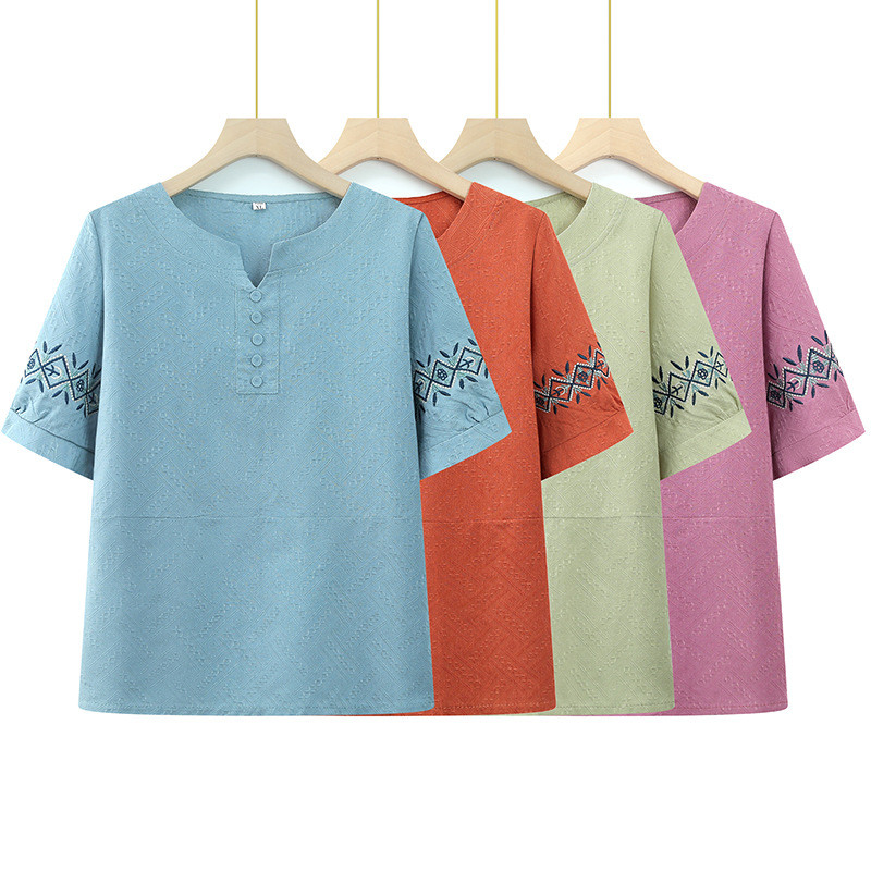 Setelan Musim Panas Wanita Lansia Baju Nenek Lengan Pendek Nyaman Longgar