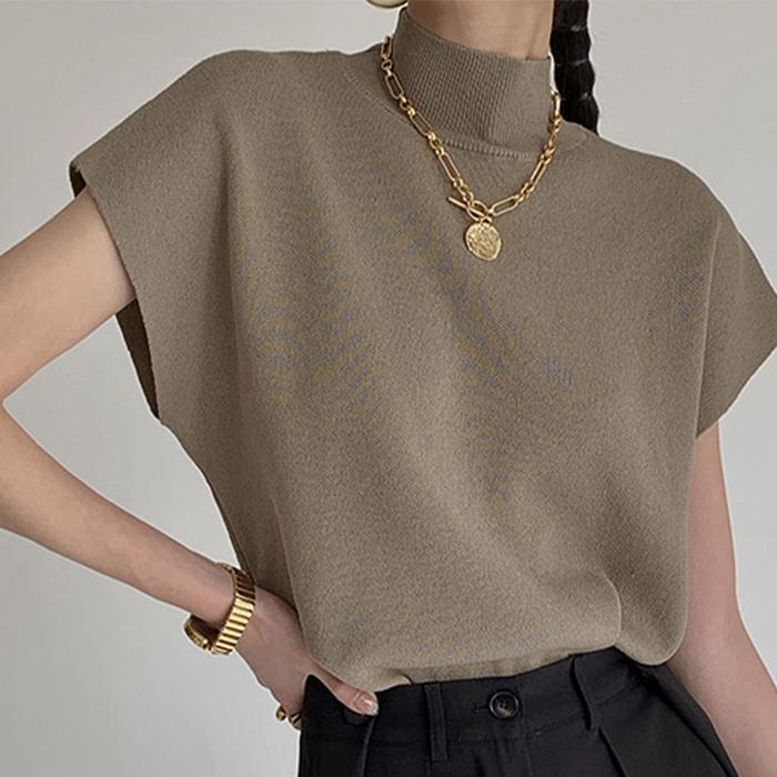 Rompi Turtleneck Setengah Rompi Rajutan Kaos Wanita Longgar Pendek Lengan Pendek Atasan Musim Panas 