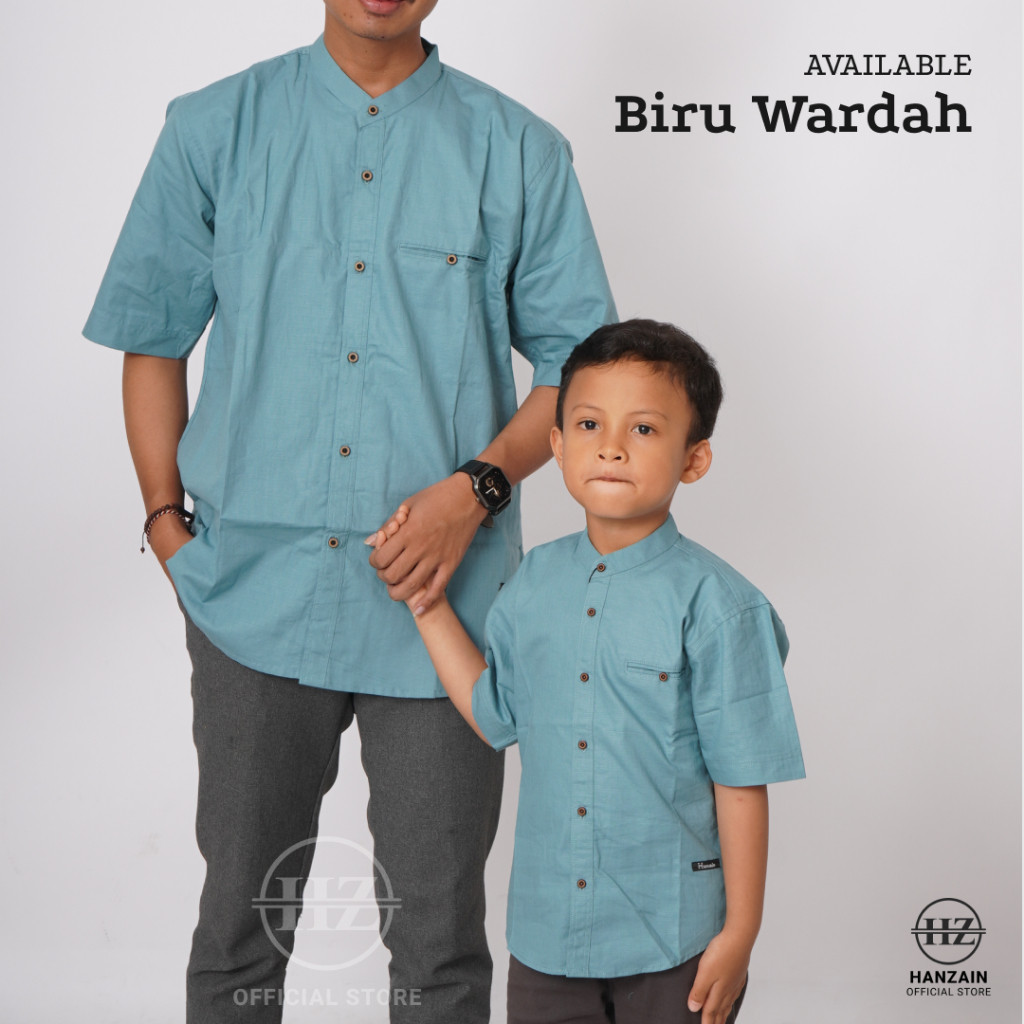 BRAKOTOP Kemeja Koko Pria Couple Ayah dan Anak Lengan Pendek Biru Wardah Hanzain