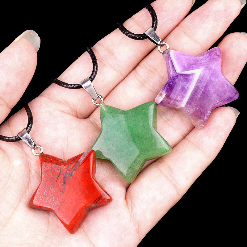2001-Batu akik kristal alami 30mm liontin pentagram, kalung bintang amethyst