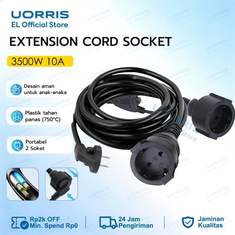 UORRIS Kabel Extention Listrik 2 Soket Kabel Sambungan Multi Fungsi Colokan Kabel Listrik Outdoor