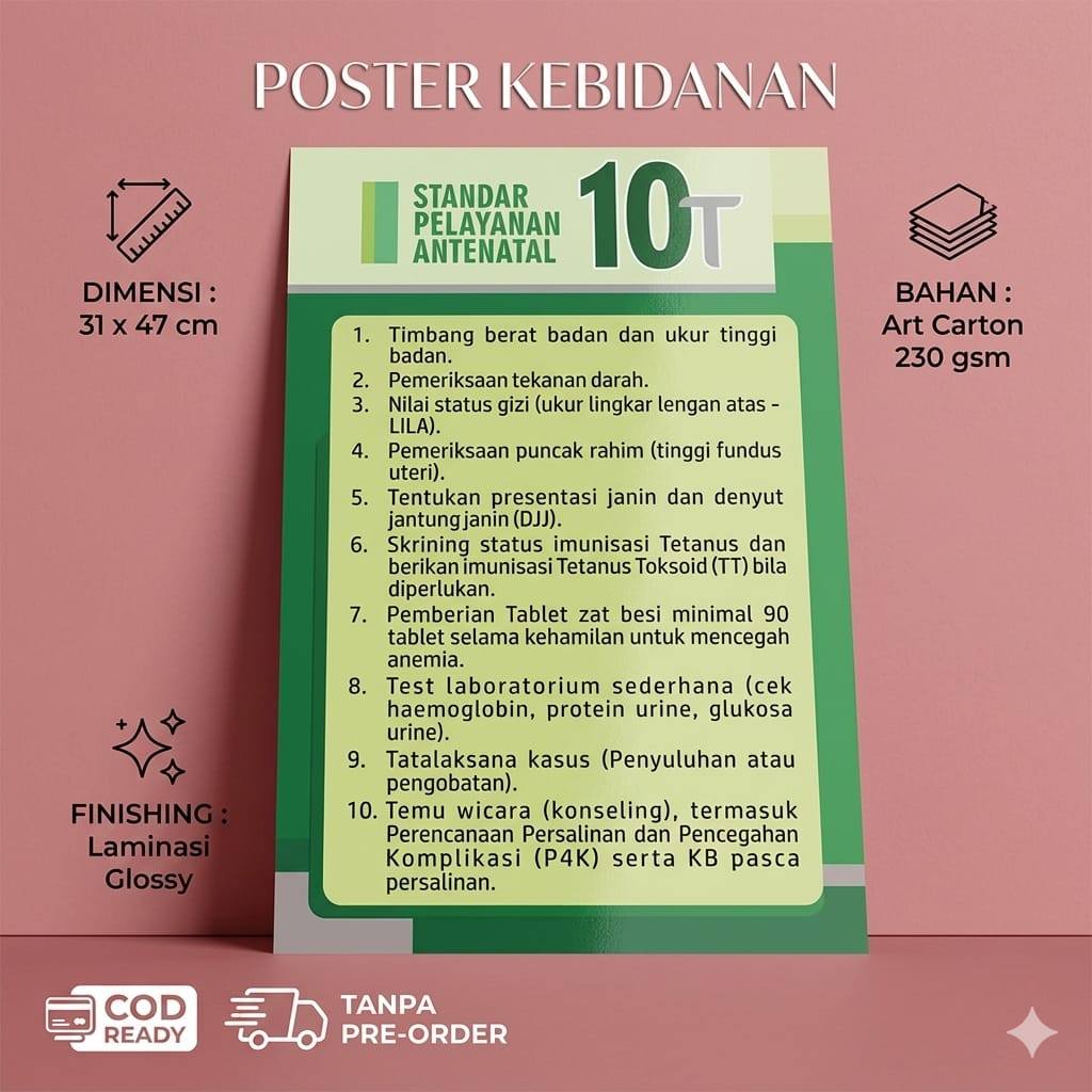 Poster 10T Standar Pelayanan Antenatal - Poster Kebidanan - Poster Kesehatan - Full Color