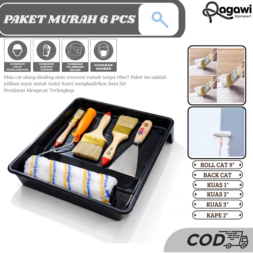 Paket Lengkap isi 6 Pcs Alat Cat Tembok 6in1 Bak Cat Kuas Roll Kuas Cat 1in 2in 3in Kape Scraper 2in