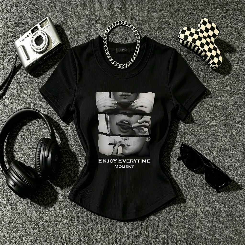 Kaos Wanita Bodyfit Crop Top Lengan Pendek/Panjang Print Foto Grafiti Vintage OOTD Street Style Hija