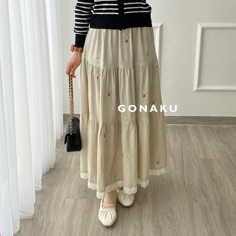 [GONAKU] Dhara Skirt Embroidery Linen | Rok Panjang Linen Bordir | Highwaist Skirt | Korean Style | 