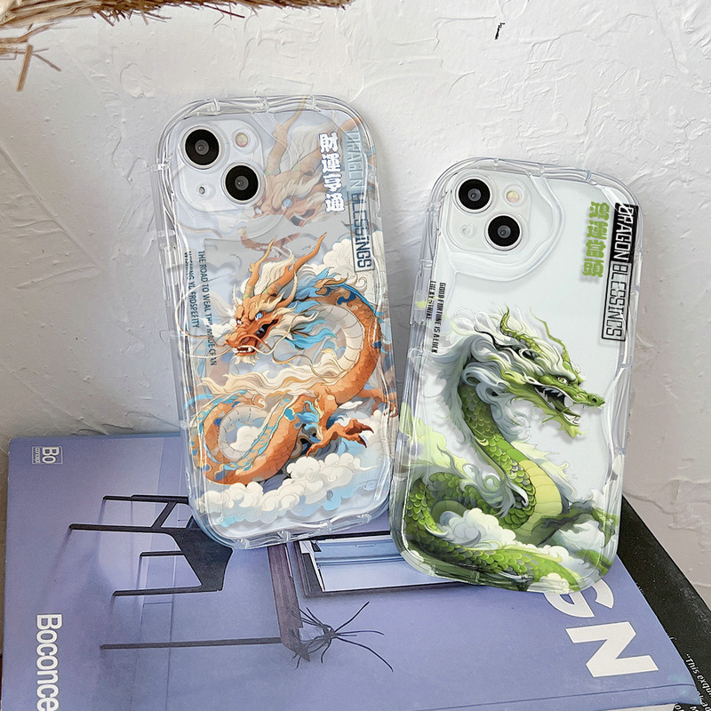 Transparan Gelombang Casing Motif Kartun Naga Untuk iPhone 15 14 13 12 11 Pro X XR Xs Max 6 6s 7 8 P