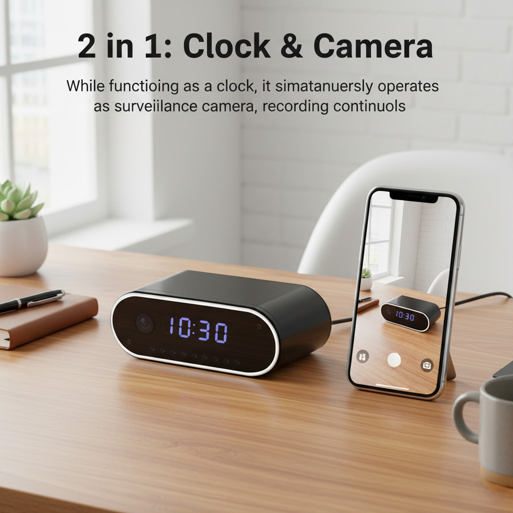 2-in-1 Clock Camera, HD WiFi Camera | Remote Viewing via WiFi & AP Hotspot