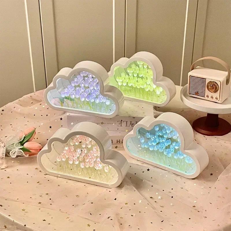 y Cloud Tulip Night Light Handmade Led Mirror Lamp Home Desktop Decoration 2 In1 Tulips Flowers Mirr