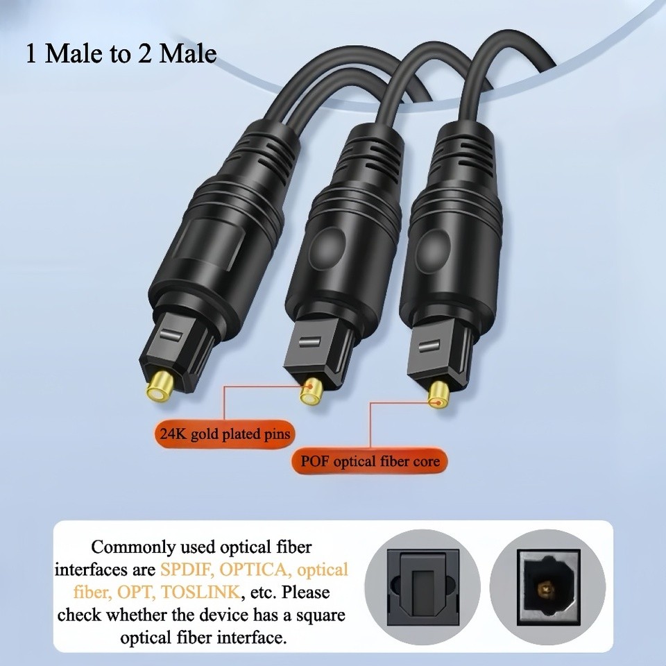 Digital Optical Fiber Audio Splitter 1 Male to 2 Male, 1 in 2 Out Audio Fiber Optic Cable for Home T