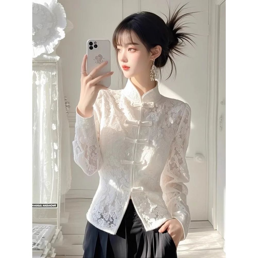 Kemeja renda lengan panjang, kerah putih, kemeja renda lengan panjang, kemeja renda panjang