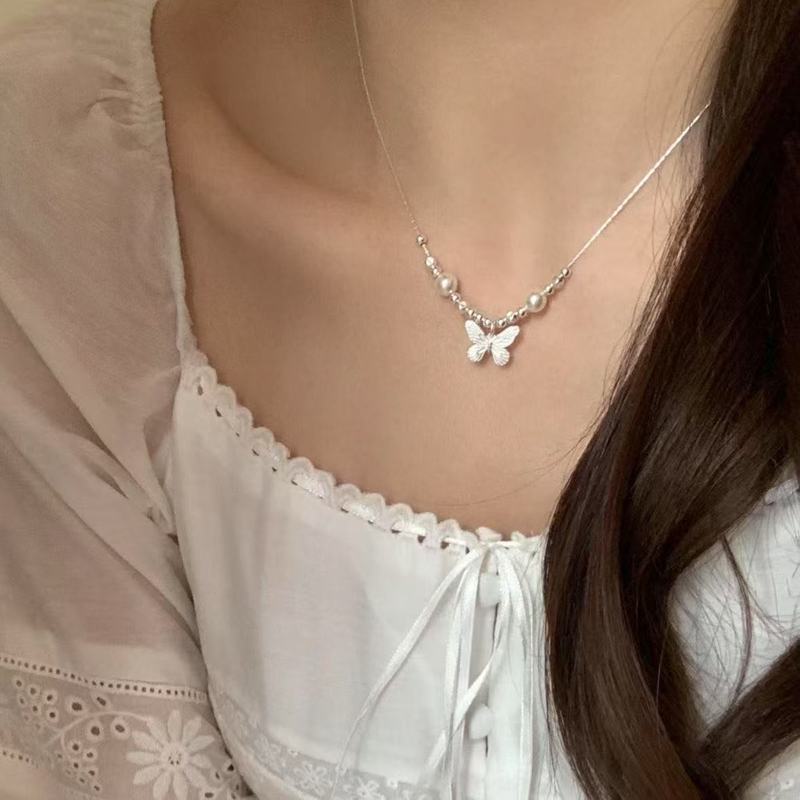 [COD] S925 Sterling Perak Mutiara Kupu-kupu Kalung Wanita