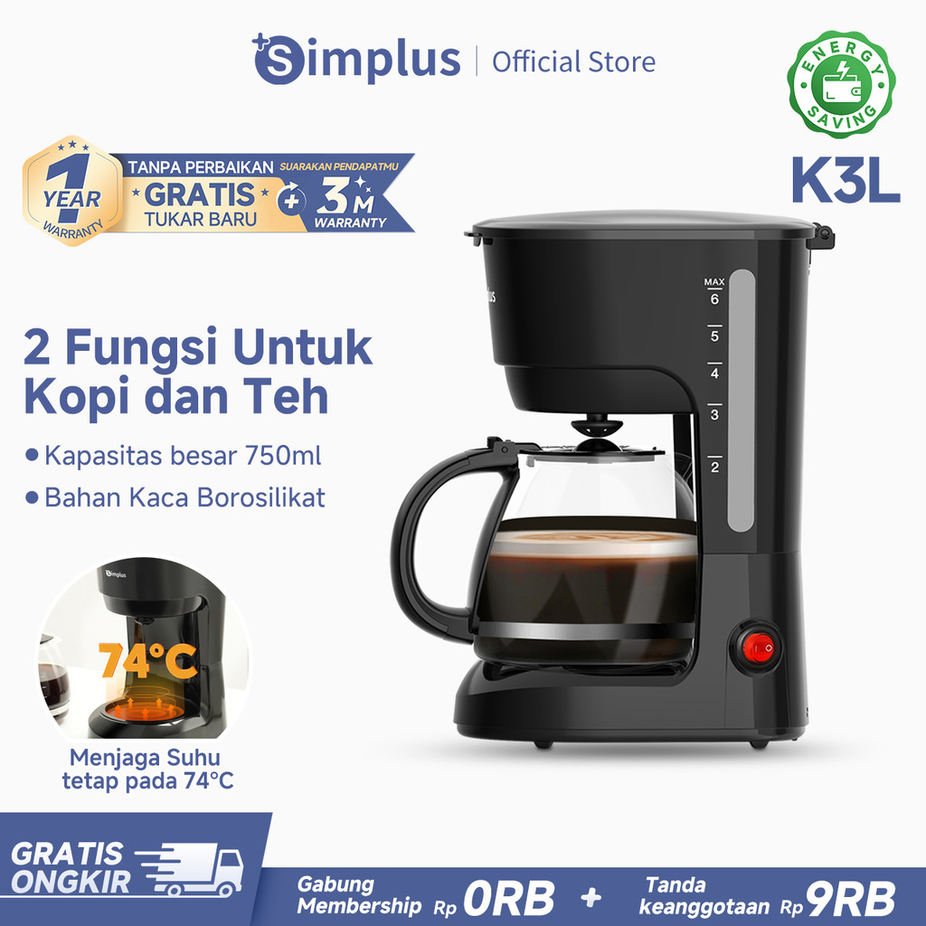 Simplus Mesin Kopi Tipe Drop Peralatan Rumah Tangga 750ml 2 Fungsi Untuk Kopi dan Teh