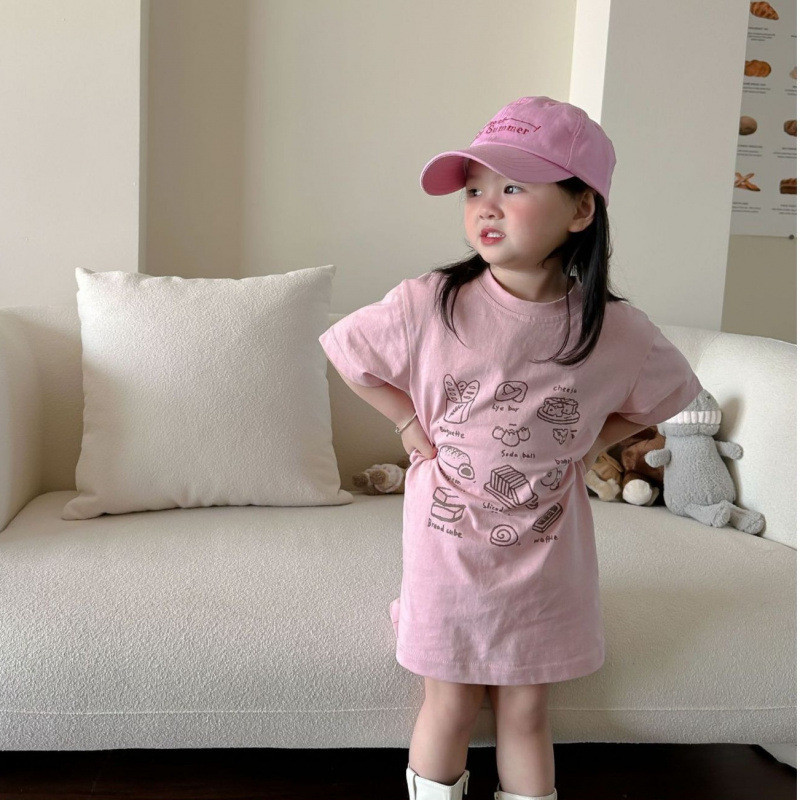 Gaun Midi Gaya Mori Girl dengan Lengan Pendek Bergambar Kartun