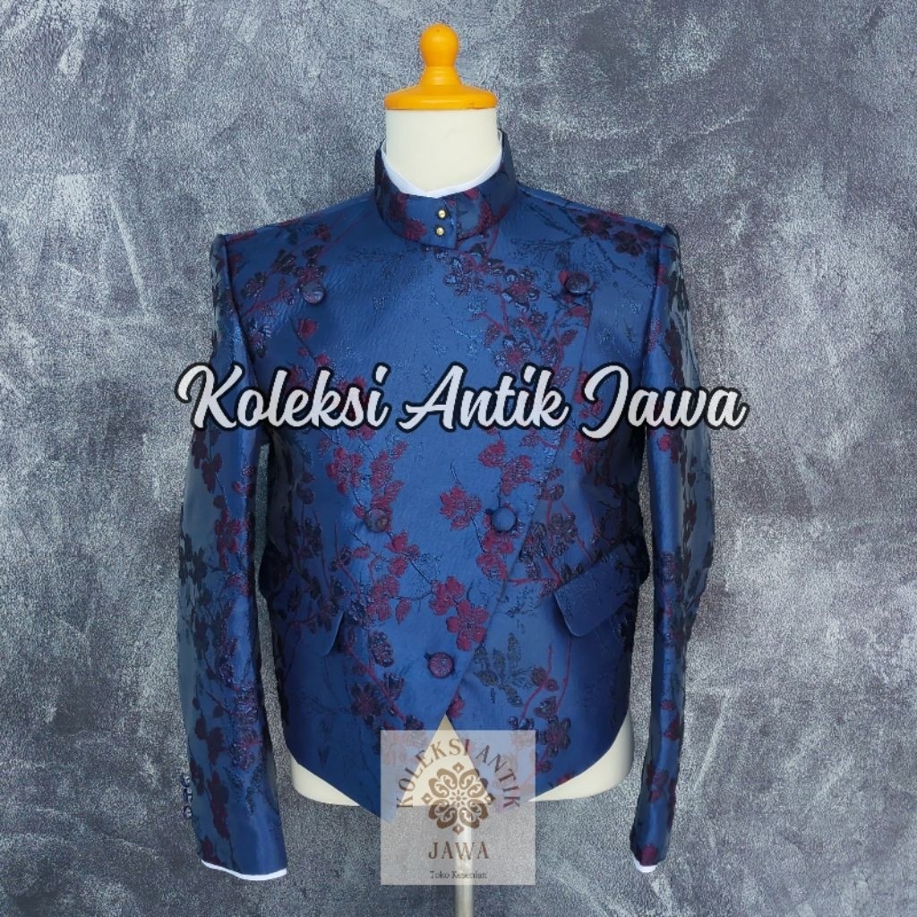 Beskap Solo Krowok Biru Navy Jaguar Import Premium Motif Bunga