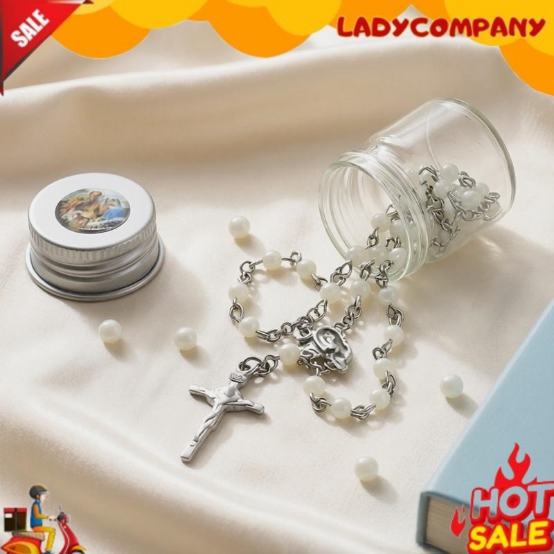 Kalung Rosario Katolik Kecil Mini Manik 4mm Mutiara Putih Botol Kaca Grosir Unik Aksesoris Salib Wan
