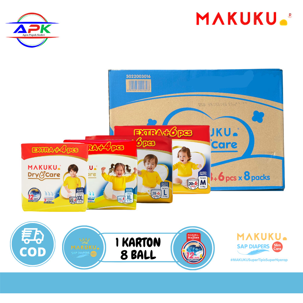 MAKUKU Dry Care Pants M30+6 L28+6 XL24+4 XXL22+4 1 Karton / 1 Dus Isi 8 Ball Popok Bayi Celana