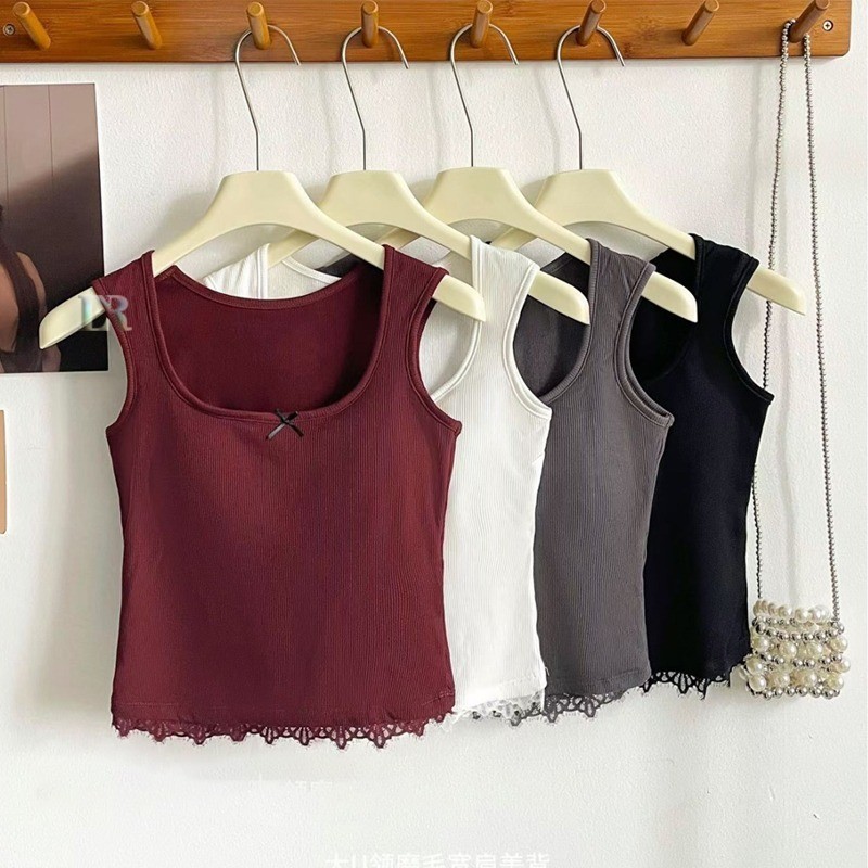 Tanktop Wanita dengan Pita dan Renda Bagian Bawah Bahan Bulu Domba Lengkap Dengan Pad Cup Busa Bra T