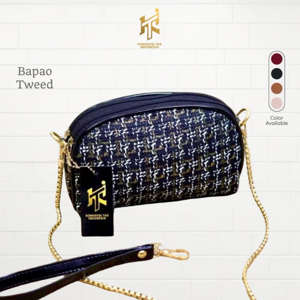 KTI Dompet Bapao Motif Tweed Bahan Kanvas Kombinasi Satin Aksesori Rantai Emas Stylish