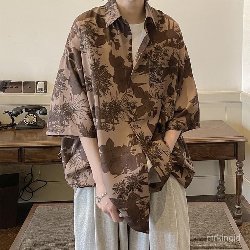 Kemeja Pria Lengan Pendek Motif Pantai Oversize - Atasan Casual Streetwear Pria