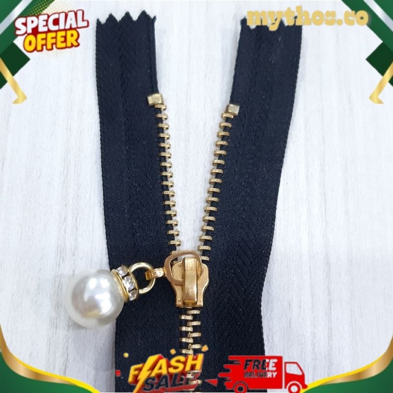 Resleting, zipper kuningan variasi pearl(imitasi)slider-kepala mutiara/monte, YKK ukuran 15cm - 30cm