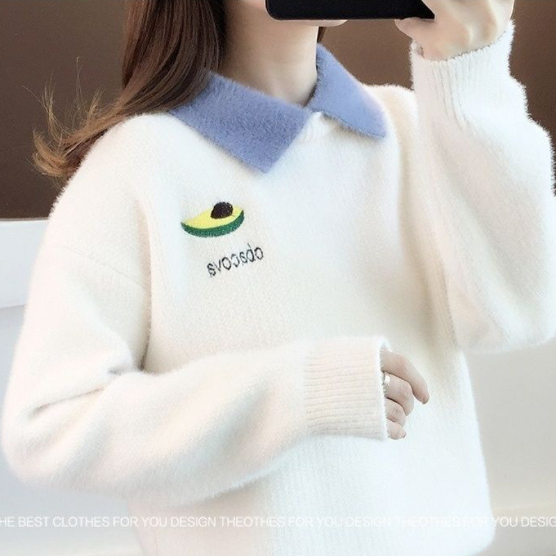 [Beruang kutub] Sweater bulu chenille baru sweater wanita longgar pakaian rajut pullover bulu bawah