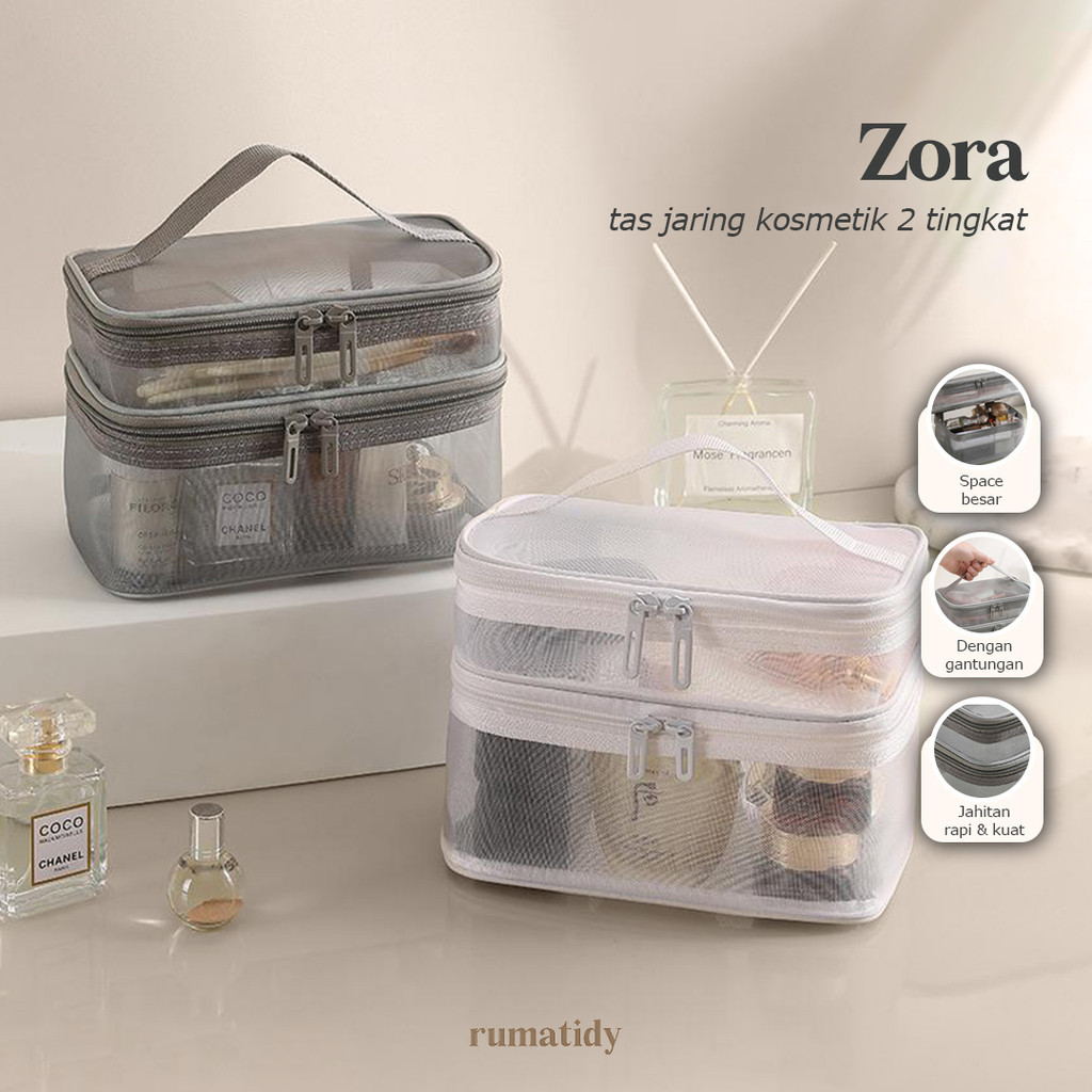 V GLOW - Tas Jaring 2 Tingkat Pouch Make Up Kosmetik Skincare Travel Organizer