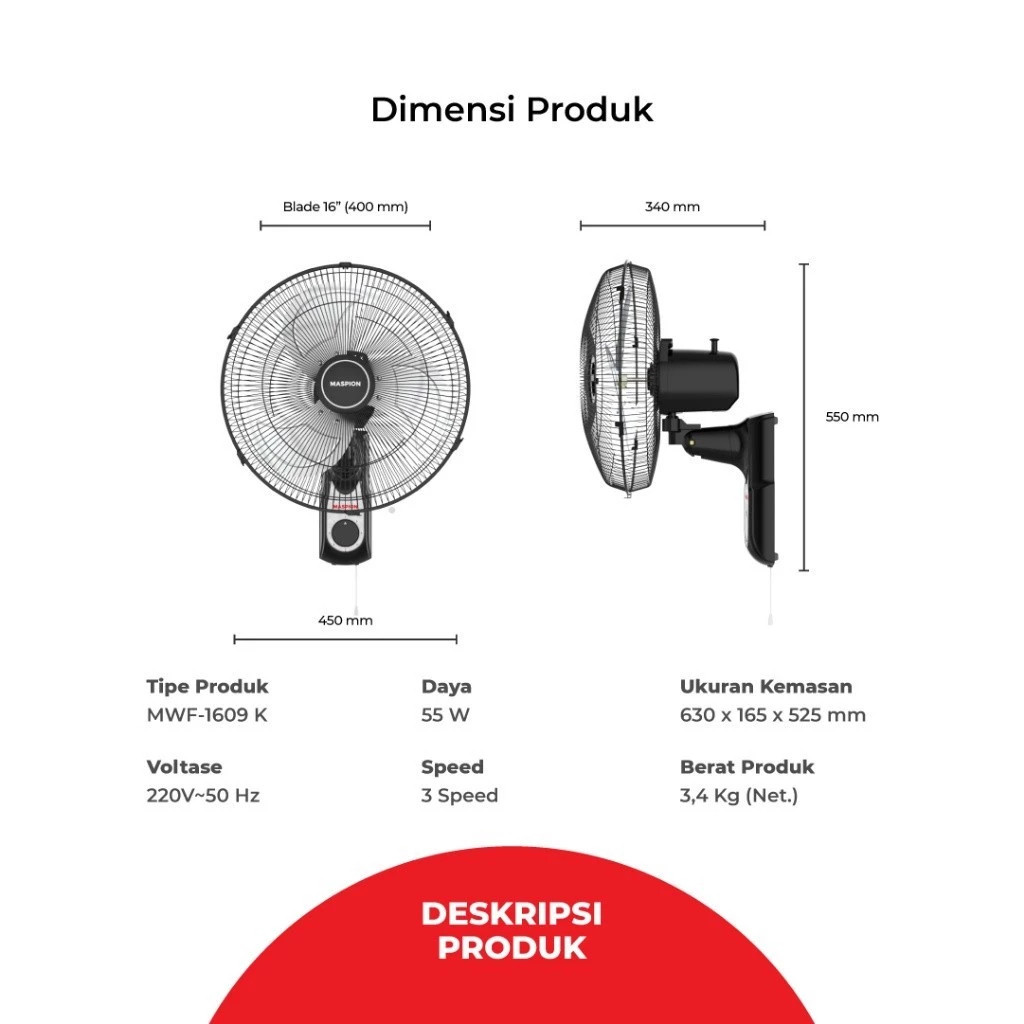 MASPION MWF 1609 K/MASPION WALL FAN MWF1609K 16 INCH/MASPION KIPAS ANGIN DINDING MWF 1609K/MWF1609K