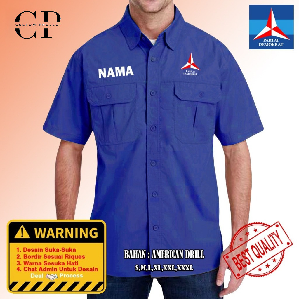 Kemeja Partai Demokrat Bordir / Kemeja PDL Partai Demokrat Custom Bordir / Kemeja Partai Demokrat Cu