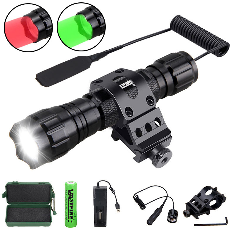 Tactical Hunting Flashlight White/Red/Green Led Tor Weapon Gun Light +Rifle Scope Airsoft Mount+Swit