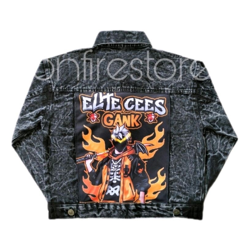 Jaket Jeans Denim Anak Laki Laki Perempuan FF Free Fire Elite Cees Gank Skin SG Orange Samurai denga