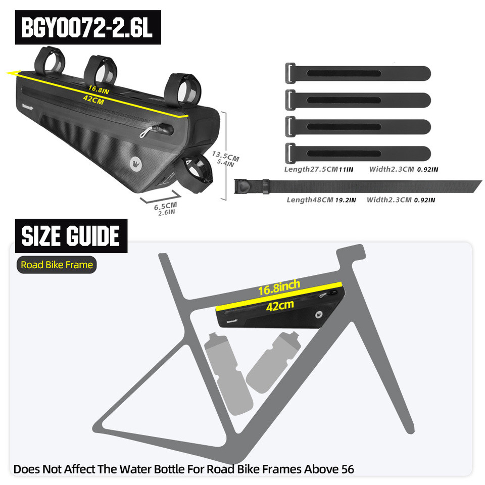 Rhinowalk Bike Frame Bag 1.7/2.6L IPX4 Waterproof Triangle Tube Bag Anti-slip Paint-safe For Mtb&Roa