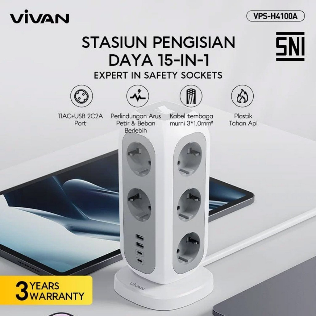 STOP KONTAK TOWER VIVAN VPSH4100A TOWER SOKET 11 PORT AC + 2 USB + 2 TYPE C GARANSI 1TH