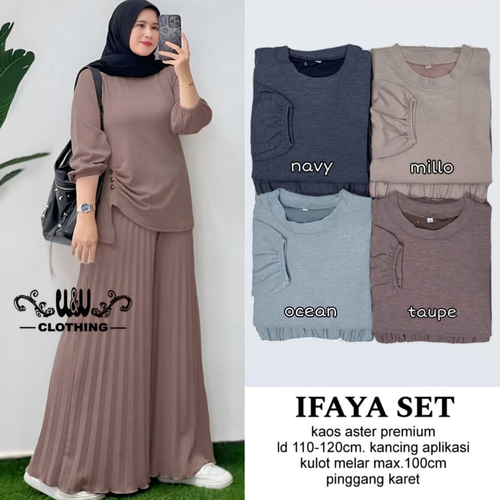 Ifaya Setelan Celana Kulot Plisket Atasan Polos Tebal Stretch