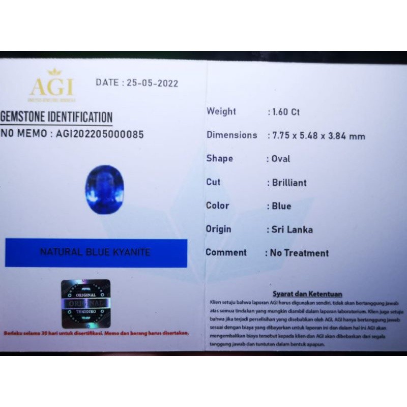 NATURAL ROYAL BLUE KYANITE SRILANKA MEMO AGI GEMS LAB