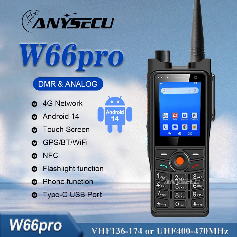 ANYSECU W66pro Andriod 14 4G Network Radio NFC WIFI IP68 Waterproof Work With Zello Real-ptt UHF or 