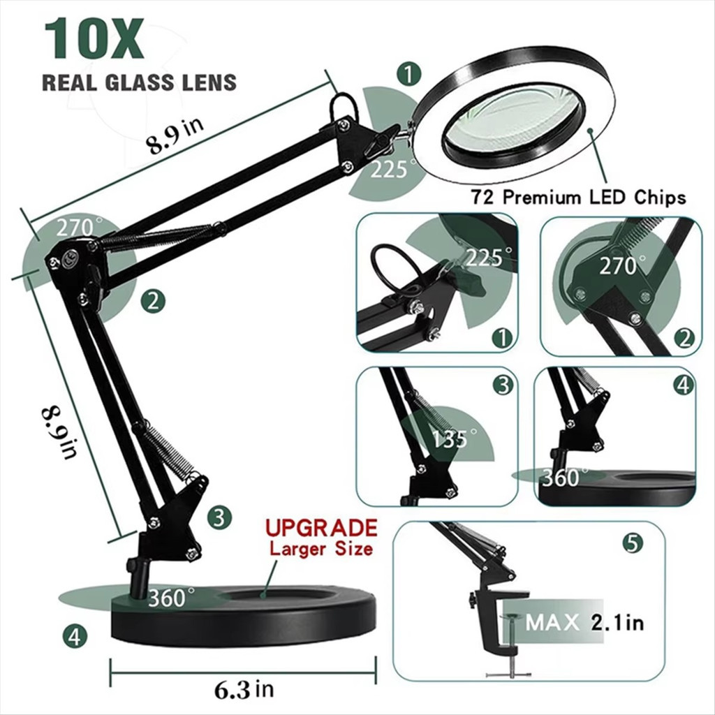 EM Kaca Pembesar Meja LED 10x 108mm G13x / Desktop USB Magnifier Lampu Baca Klip Table Lamp / Multif