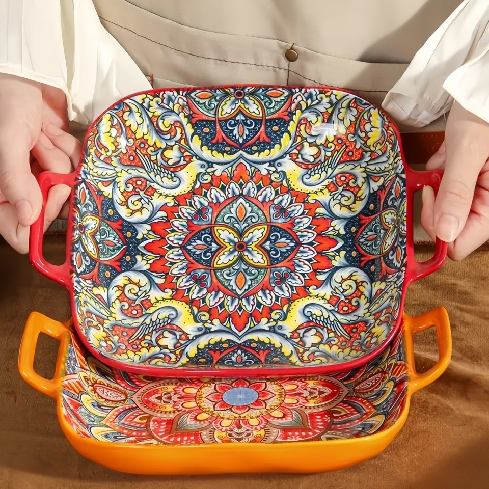 Bohemian double ear square ceramic plate creative household dish plate net red fruit spaghetti plate