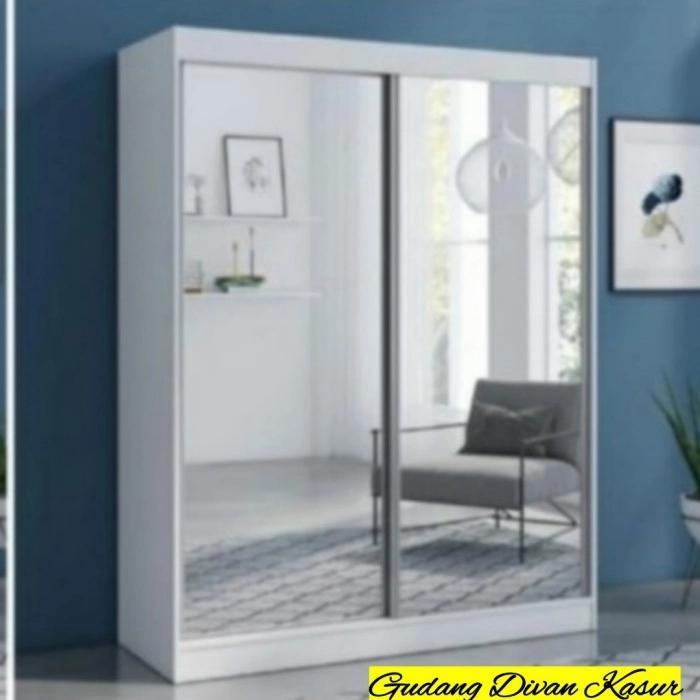 Lemari Sliding/Lemari Pakaian 2 pintu Full Cermin Blockteak Knockdown