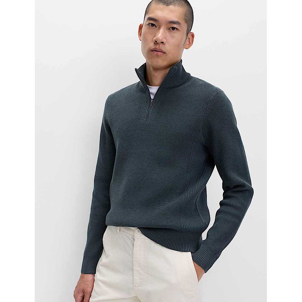 M&S - Sweater Pria - Cotton Blend Ribbed Half Zip Jumper