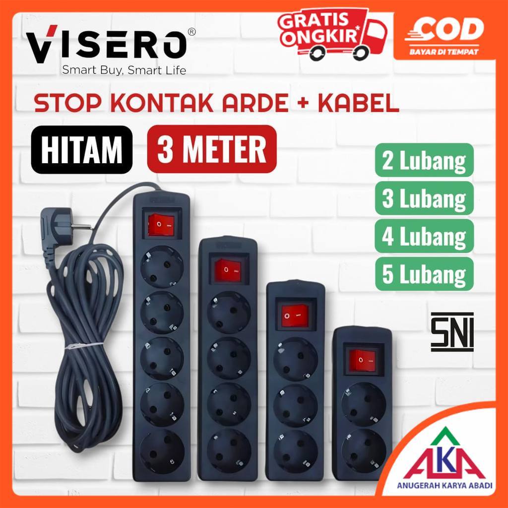 VISERO Stop Kontak Arde HITAM Kabel 3 Meter 2 / 3 / 4 / 5 Lubang Saklar Lampu SNI