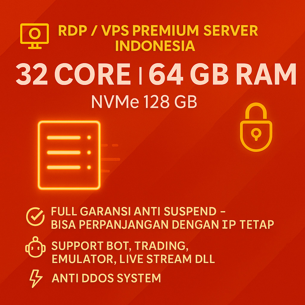 RDP / VPS Bulanan 32 Core Ram 64 GB Windows / LUNUX Full Admin Bergaransi RDP Legal Resmi Anti Suspe