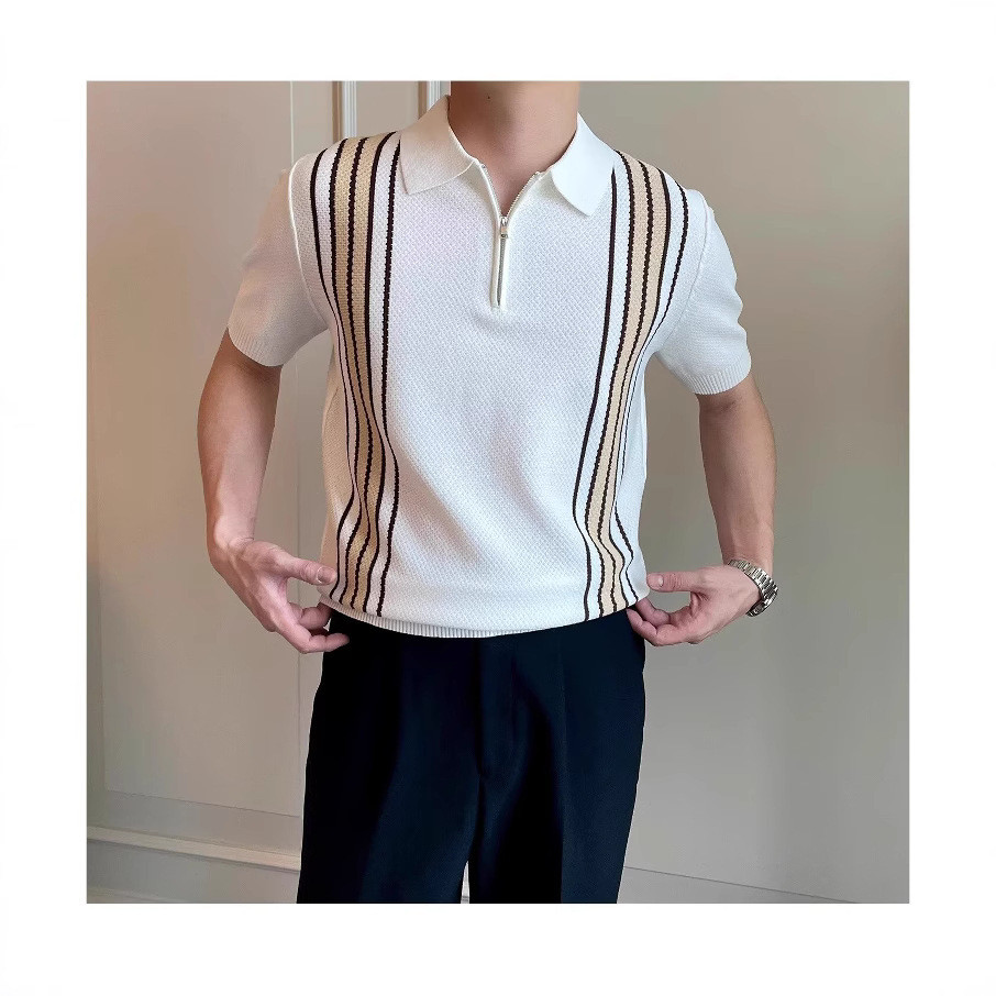 Top pria lengan pendek t-shirt warna senada bergaris rajutan polo shirt pria