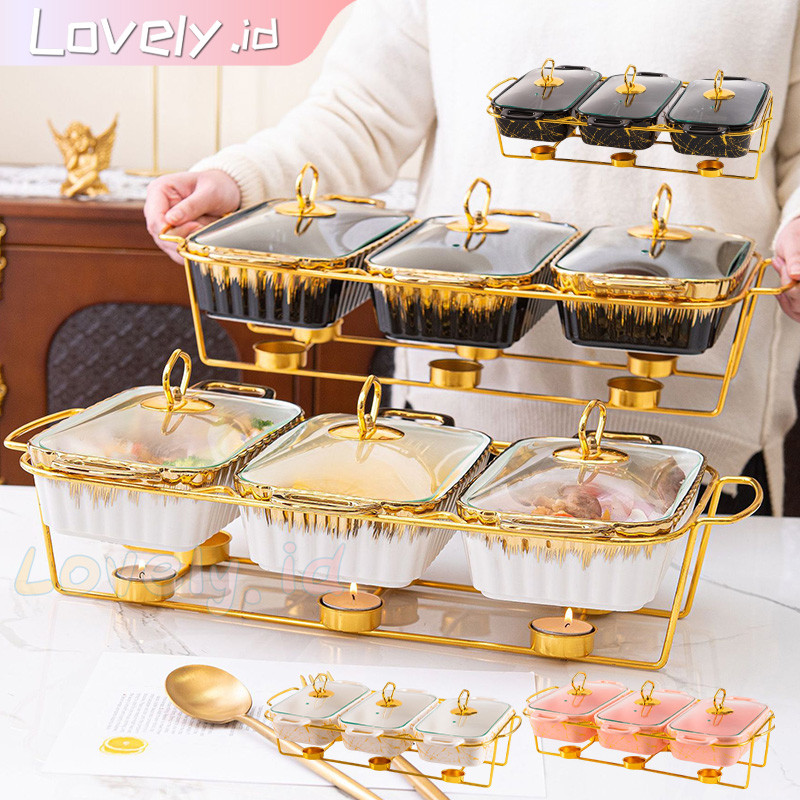 Prasmanan Sultan 3in1 Set Isi 3 Keramik / Gandeng Marble Gold Wadah Makanan Mewah - Tebal Premium