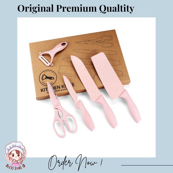 Pisau Dapur Set 5 in 1 / Kitchen Knife Set 5 in 1 / Pisau Set Gunting - Pink