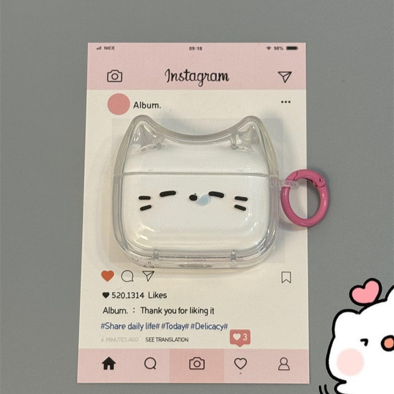Cute Sleepy Cat Transparent Silicone Shockproof Protective Case With Pink Ring For AirPods Pro 3 Air