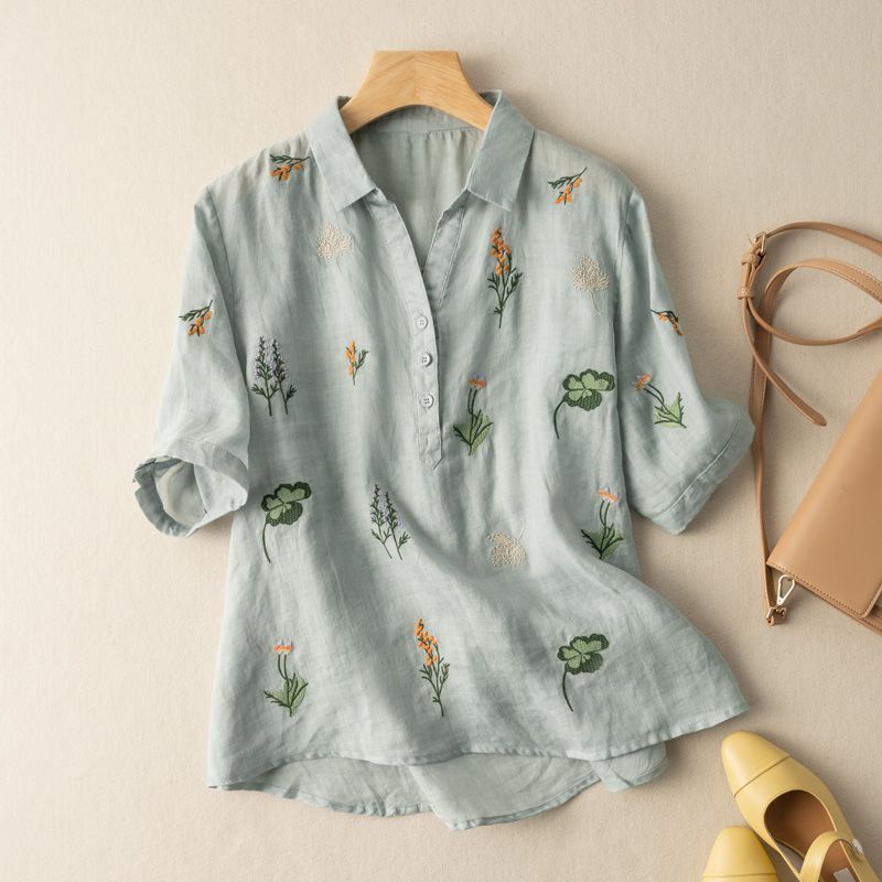 Lengan pendek kapas hemp kaos wanita musim panas baru santai vintage cetak fashion top kasual penuru